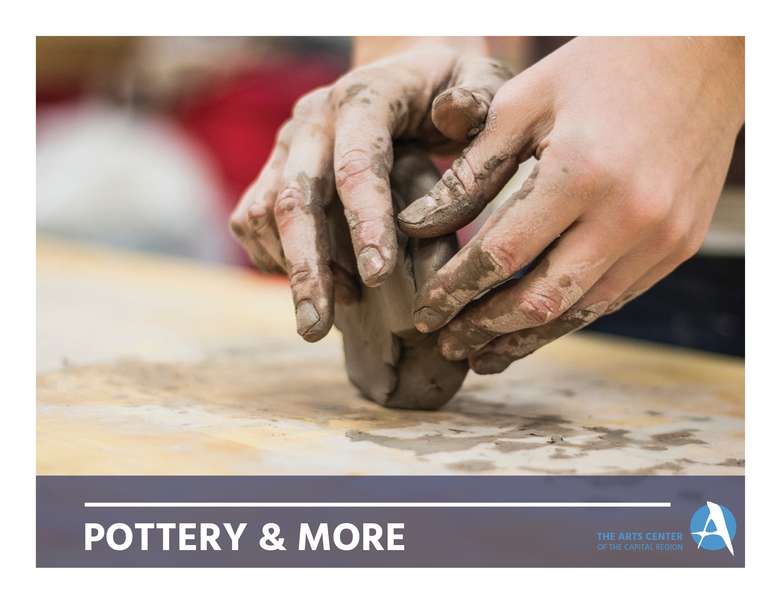 Hands molding clay Labeled pottery and more