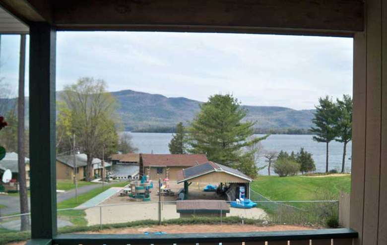 view of resort and lake from a window