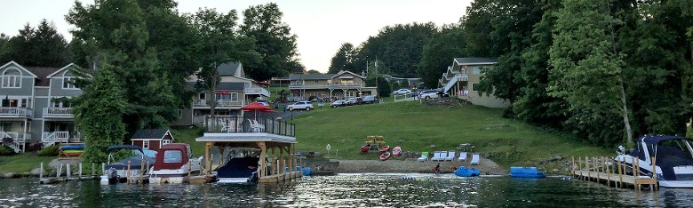view of tea island resort from the water
