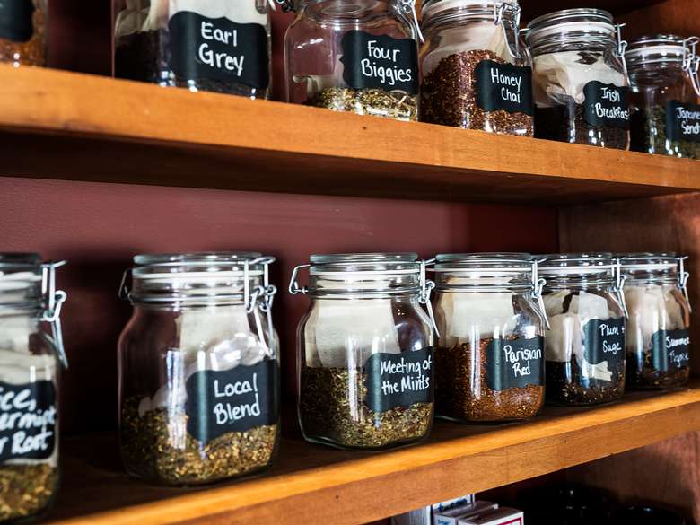 shelf filled with teas
