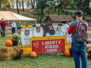 man taking photo of people with heads in cut out image of farm animals