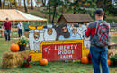 man taking photo of people with heads in cut out image of farm animals