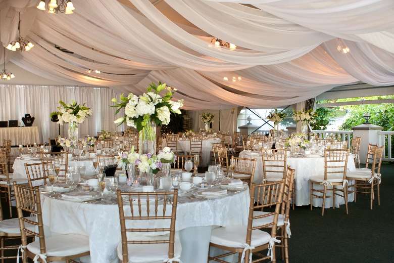 a wedding reception tent with tables