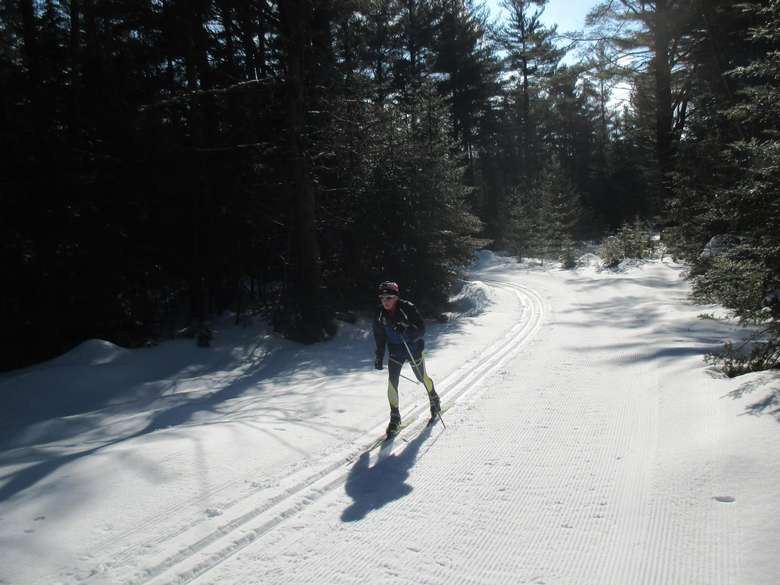 one person cross-country skiing who looks like a professional