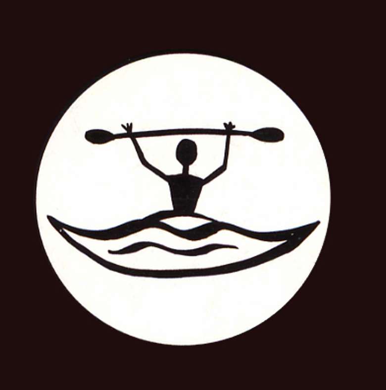 stick figure logo drawing of a person whitewater rafting