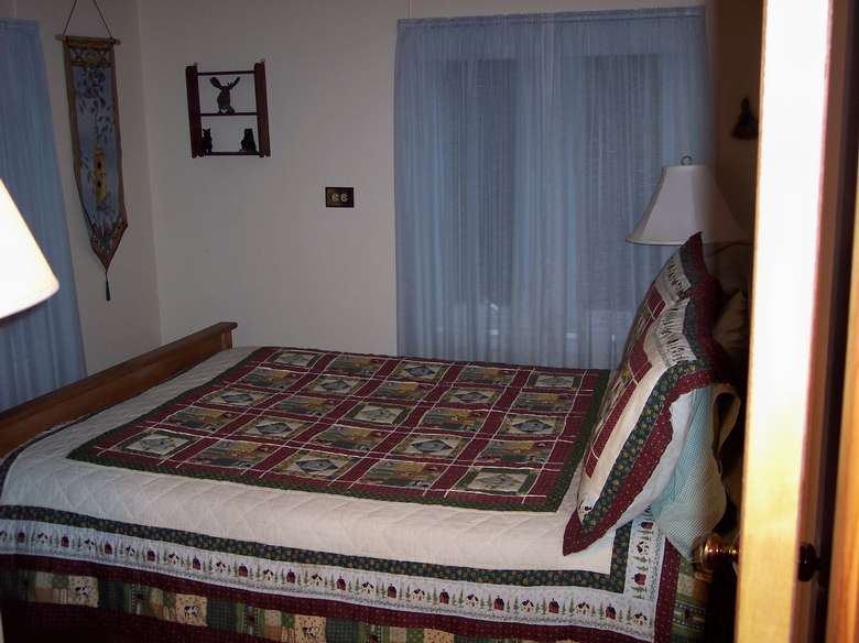 a bed in a bedroom with a checkered bedspread