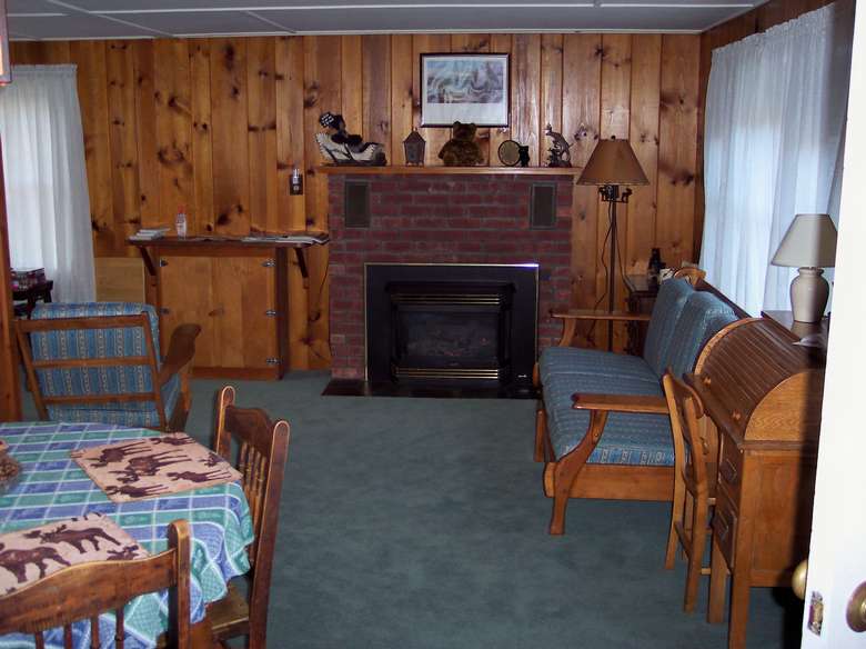 the inside of a living room in a cabin with wood panneling
