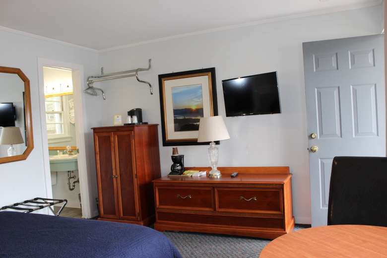 dressers and tv in a standard motel room