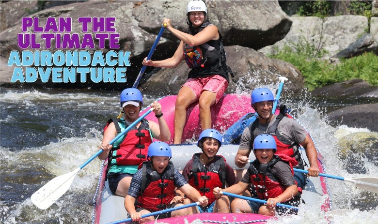 Family rafting in a pink raft