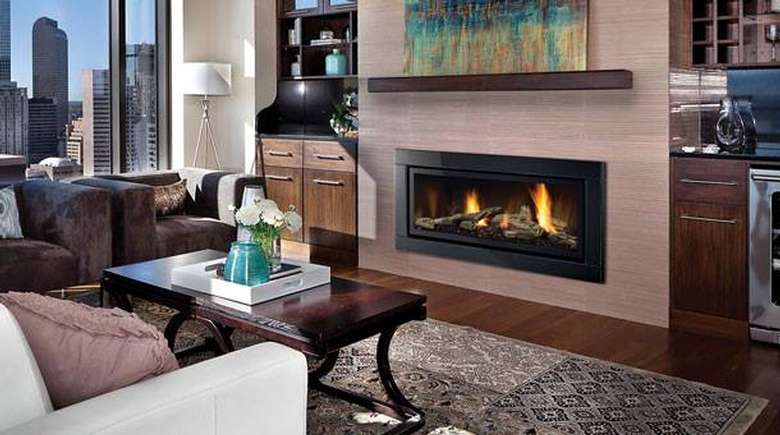 modern fireplace in a livingroom in a city