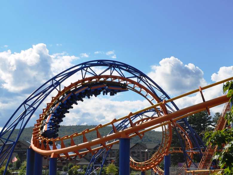 the blue and orange Steamin' Demon roller coaster