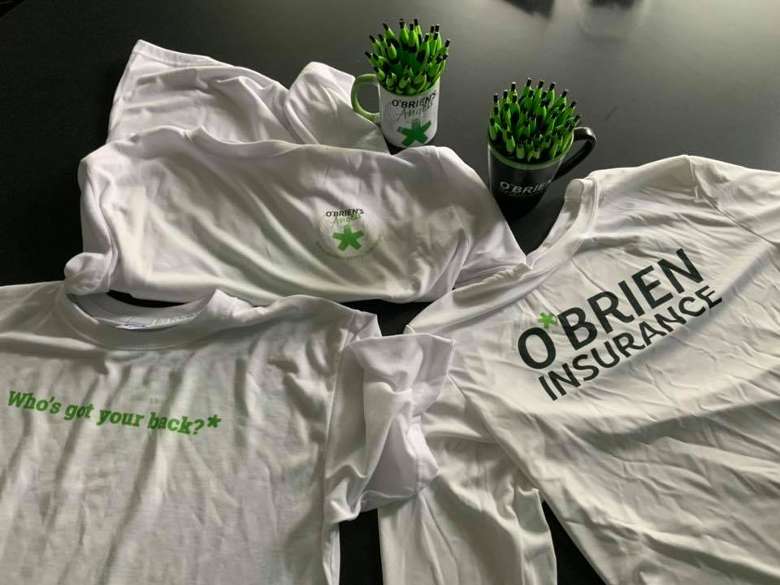 o'brien insurance swag with tee-shirts, mugs, pens