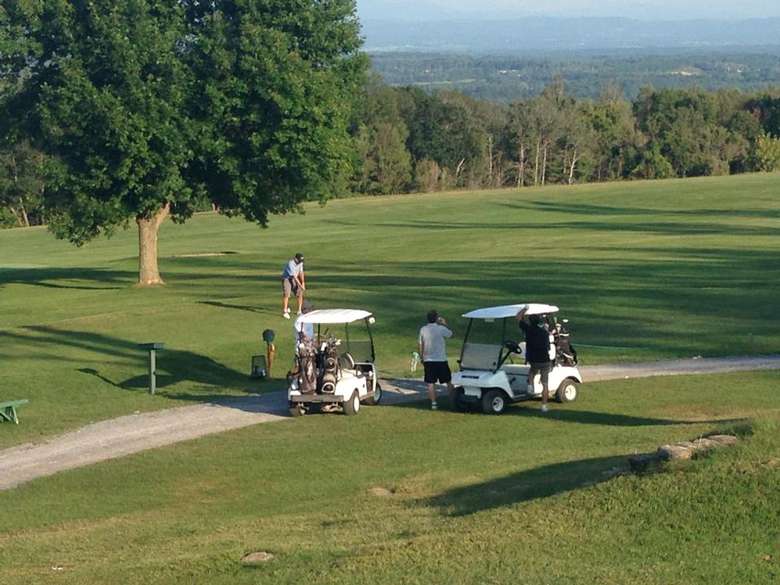 Two golf carts and four golfers surrounded by grass and trees