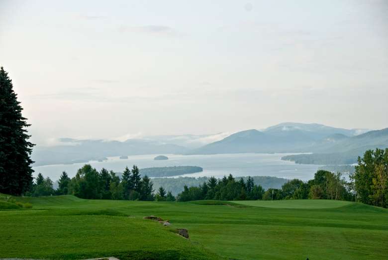 View of Lake George and surrounding mountains from the golf course