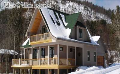A two-story ski chalet with decks, balconies and sloping green roof. There is a connected garage to the rear. In the upper left of the picture, it states Williams & Williams Designers, Inc.