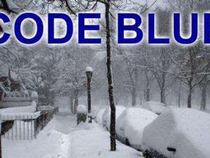 Words Code Blue over  image of a snowy day