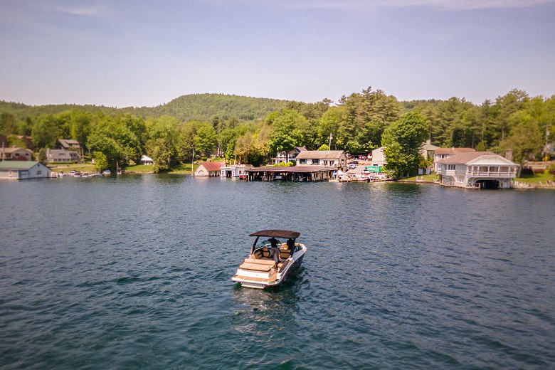 Sea Ray Boat pulling up to F.R. Smith and Sons Marina in Bolton Landing, NY