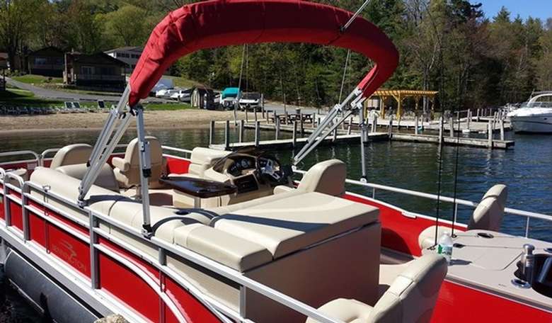 Interior of a red pontoon boat
