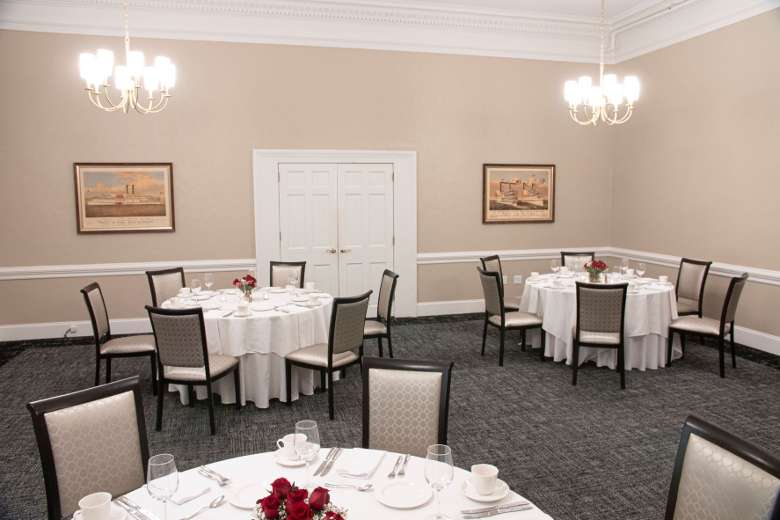 Banquet meeting room with tables and chairs