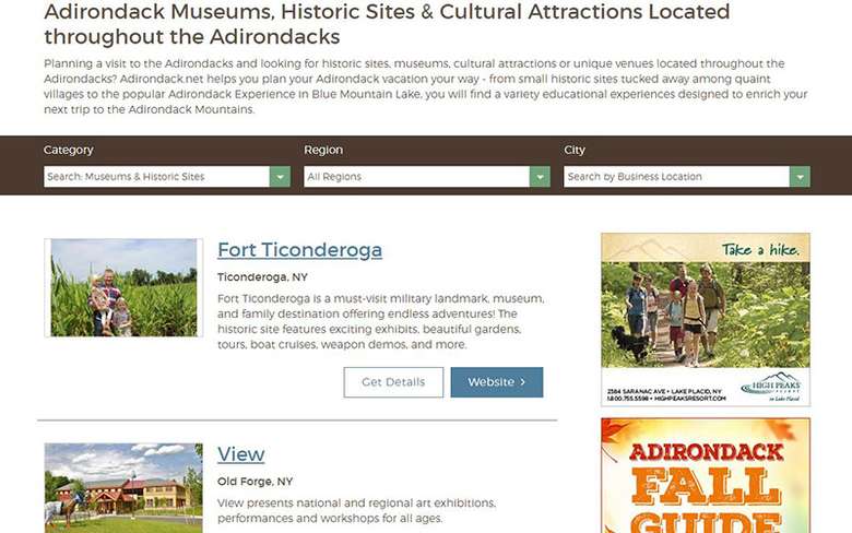 an online directory of Adirondack museums and historic sites