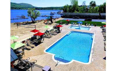 outdoor pool and spray zone overlooking lake george
