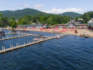 drone view from over the lake capturing Scotty's private docks