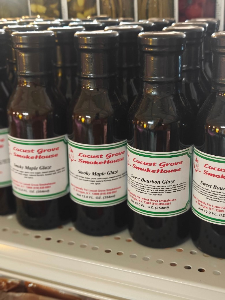 Bottles of Locust Grove SmokeHouse Smoky Maple Glaze and Sweet Bourbon Glaze.