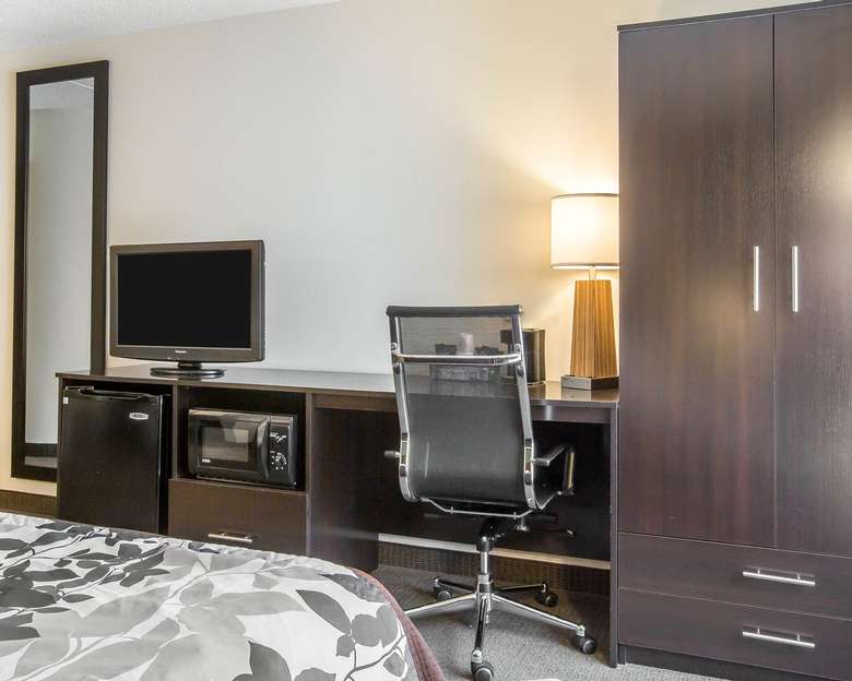 storage, desk, and television in a hotel room
