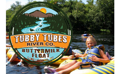 Tubby Tubes Logo over river tubing pic