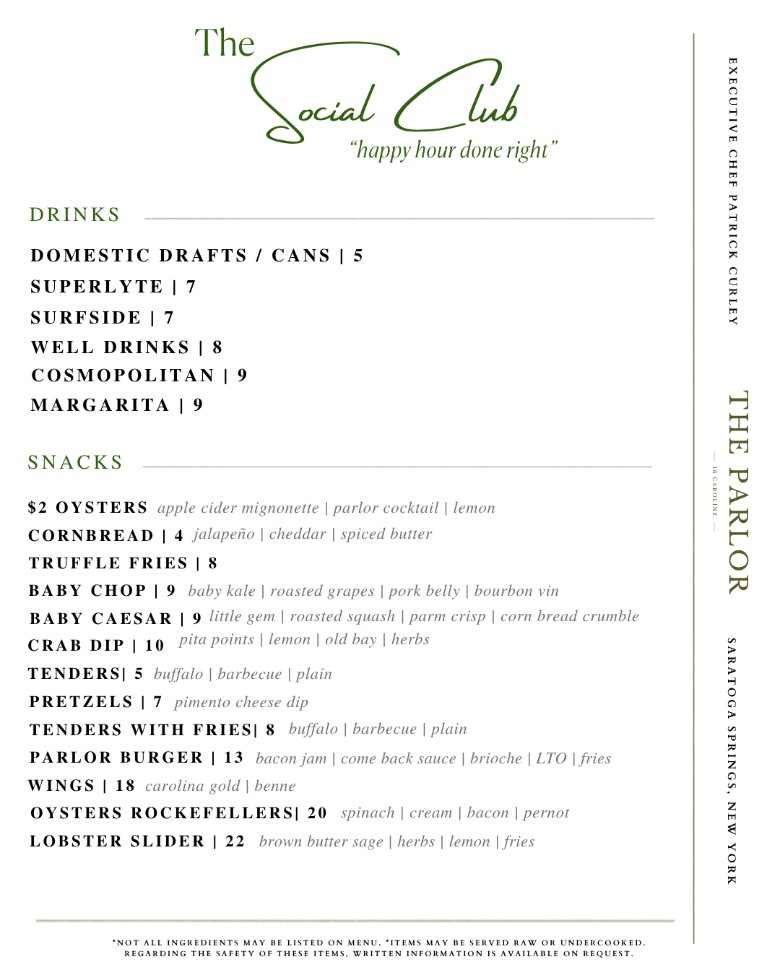 The Social Club Menu