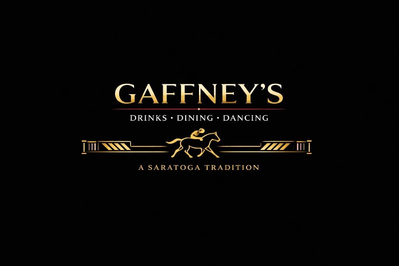 Gaffney's logo with words for drinks, dining, and dancing, and a Saratoga tradition