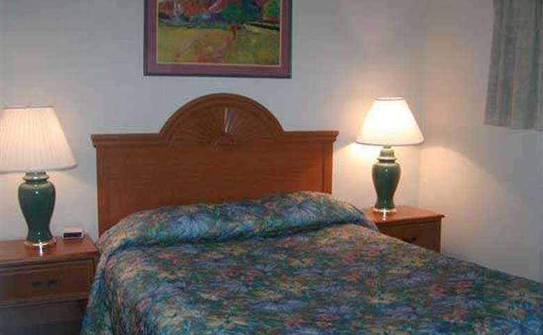 A motel room with one bed. Two nightstands are on either side of the bed. There's a picture over the bed. The bedspread is a multi-colored blue floral.
