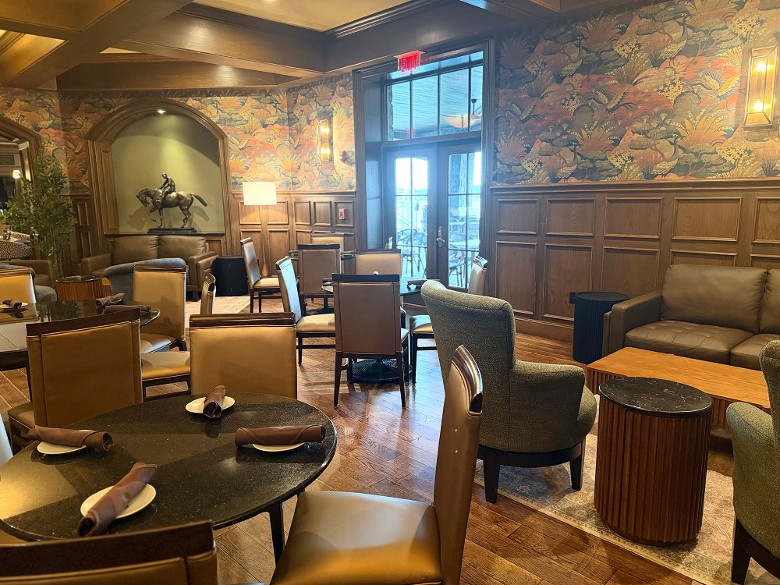 tables and chairs set up in a restaurant