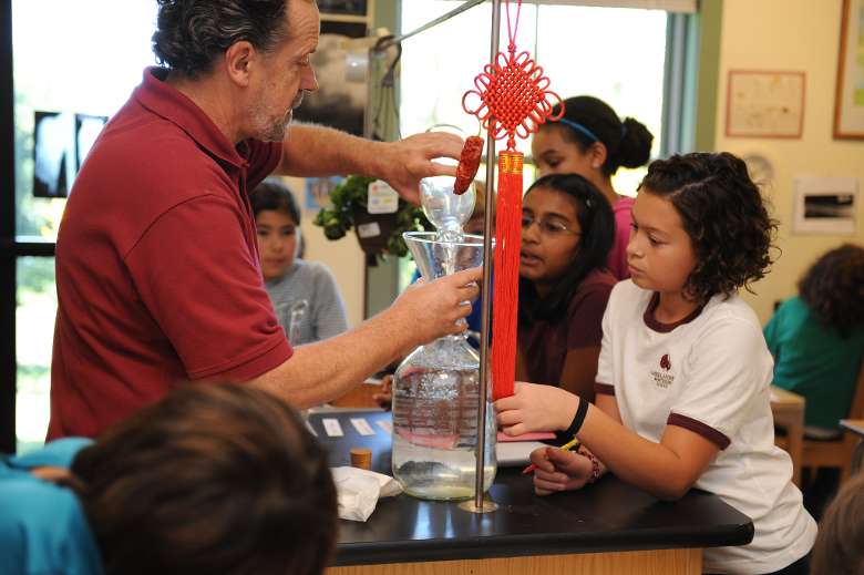man performing a science experiment while children watch