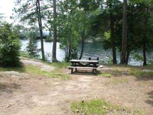 an island campsite with a picnic table and grill