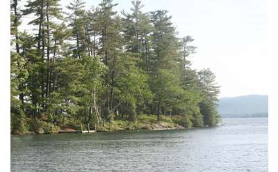 an island on a lake that is covered in trees