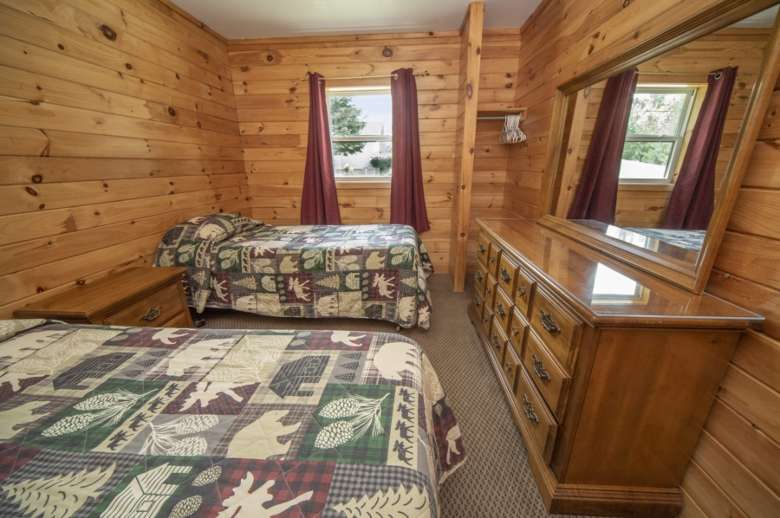 two beds and dresser in a cabin