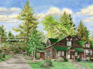 artistic painting of a rustic lodge and cabins in the woods