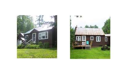 two side-by-side images of a log cabin's exterior