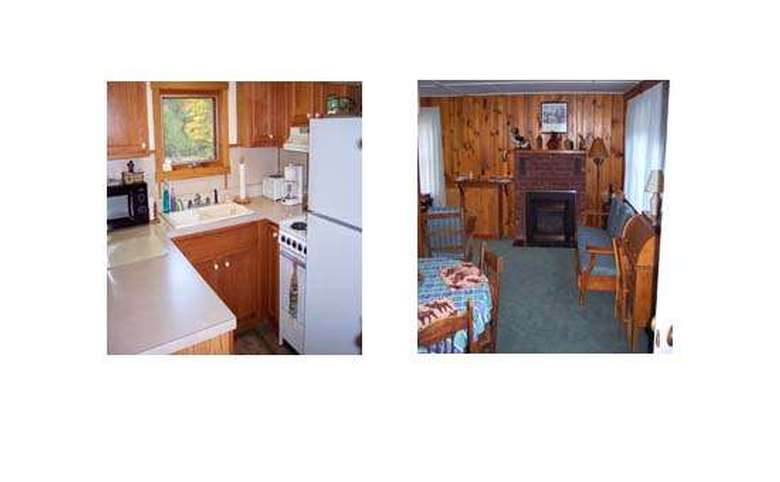 two side-by-side images, one of a kitchen in a log cabin and one of a sitting room in a log cabin