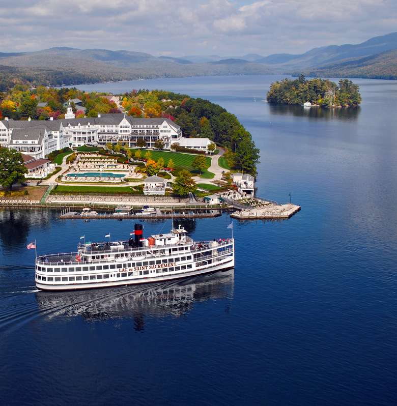 aerial picture of the lac du saint sacrement cruising past the sagamore on lake george