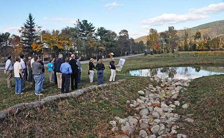 A person explaining a man-made wetland featuring a ditch with rocks to divert and treat stormwater