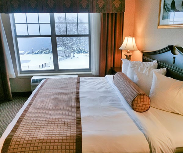 hotel room with snow outside the window