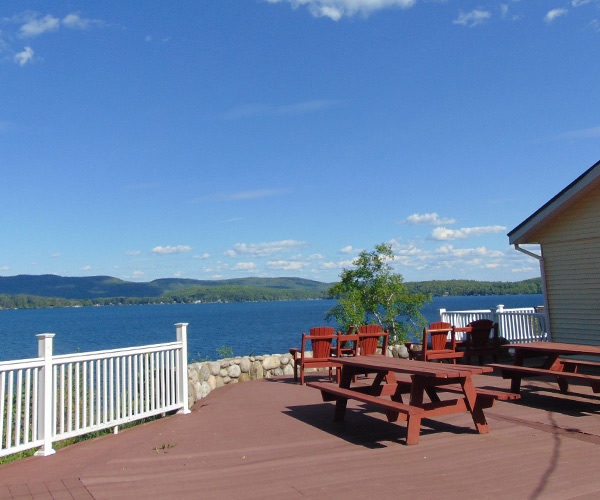 view of lake george from a deck at depe dene resort