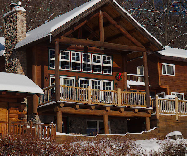 exterior photo of Trout House Village Resort in the winter