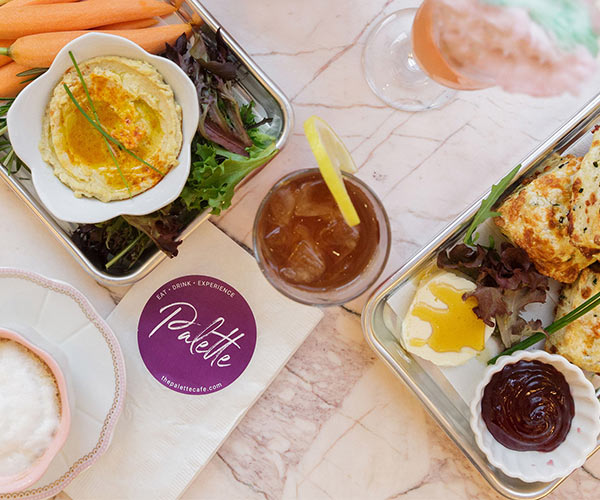 food and drinks on a table at the palette cafe