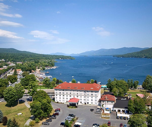 aerial view of fort william henry with lake george in the background