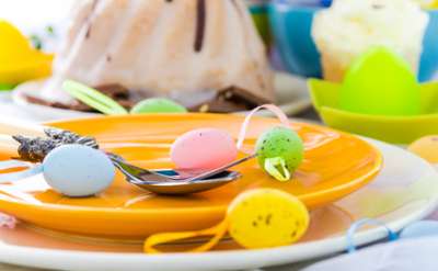 stock photo easter plate with small colored eggs