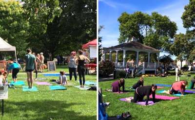 people exercisting in city park at fit fest