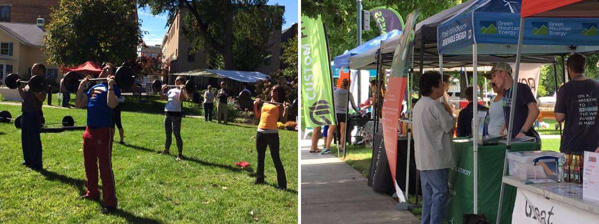 people exercisting in city park at fit fest and a vendor